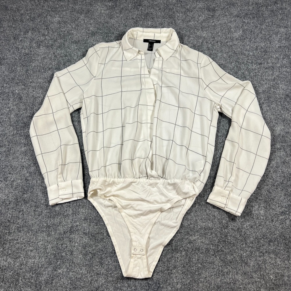 Forever 21 Bodysuit Shirt Women Small Beige Stretch Grid Checkered Button Front